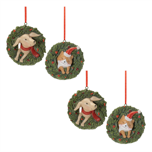 Playful Cat and Dog in Pine Wreath Ornament (Set of 4) -Ship Only