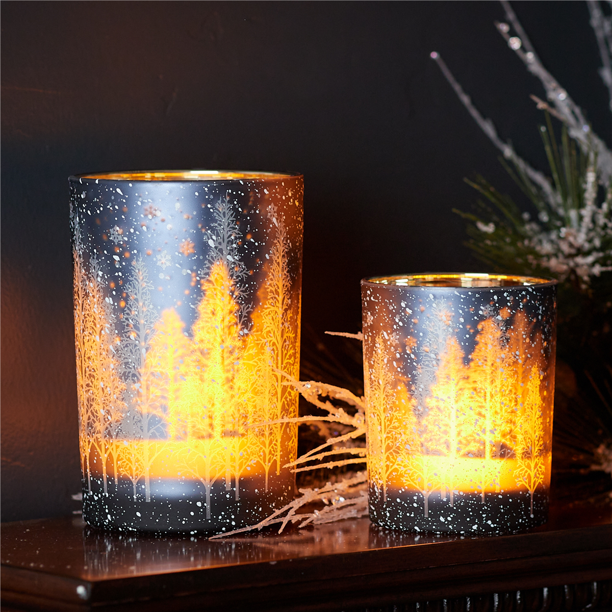 Navy Pine Tree Glass Candle Holder (Set of 2) -Ship Only
