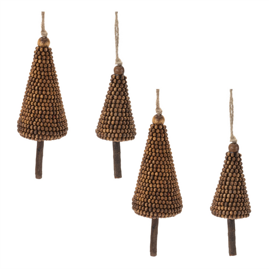 Wood Beaded Pine Tree Ornament (Set of 4) -Ship Only