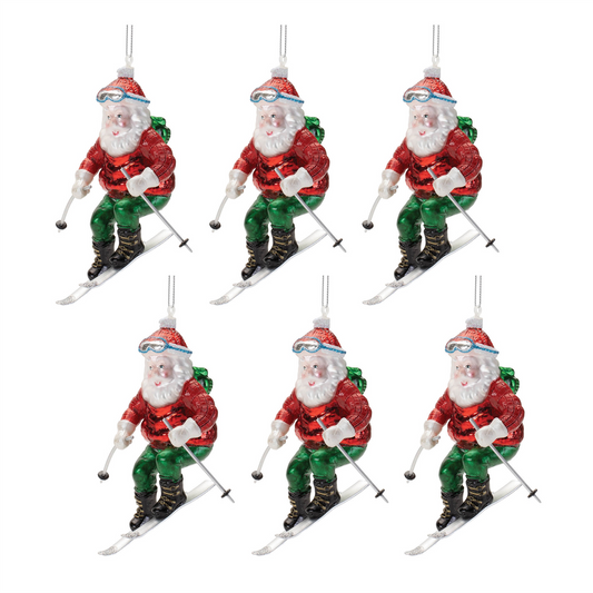 Santa on Skis Ornament (Set of 6) 4.5”H Glass -Ship Only