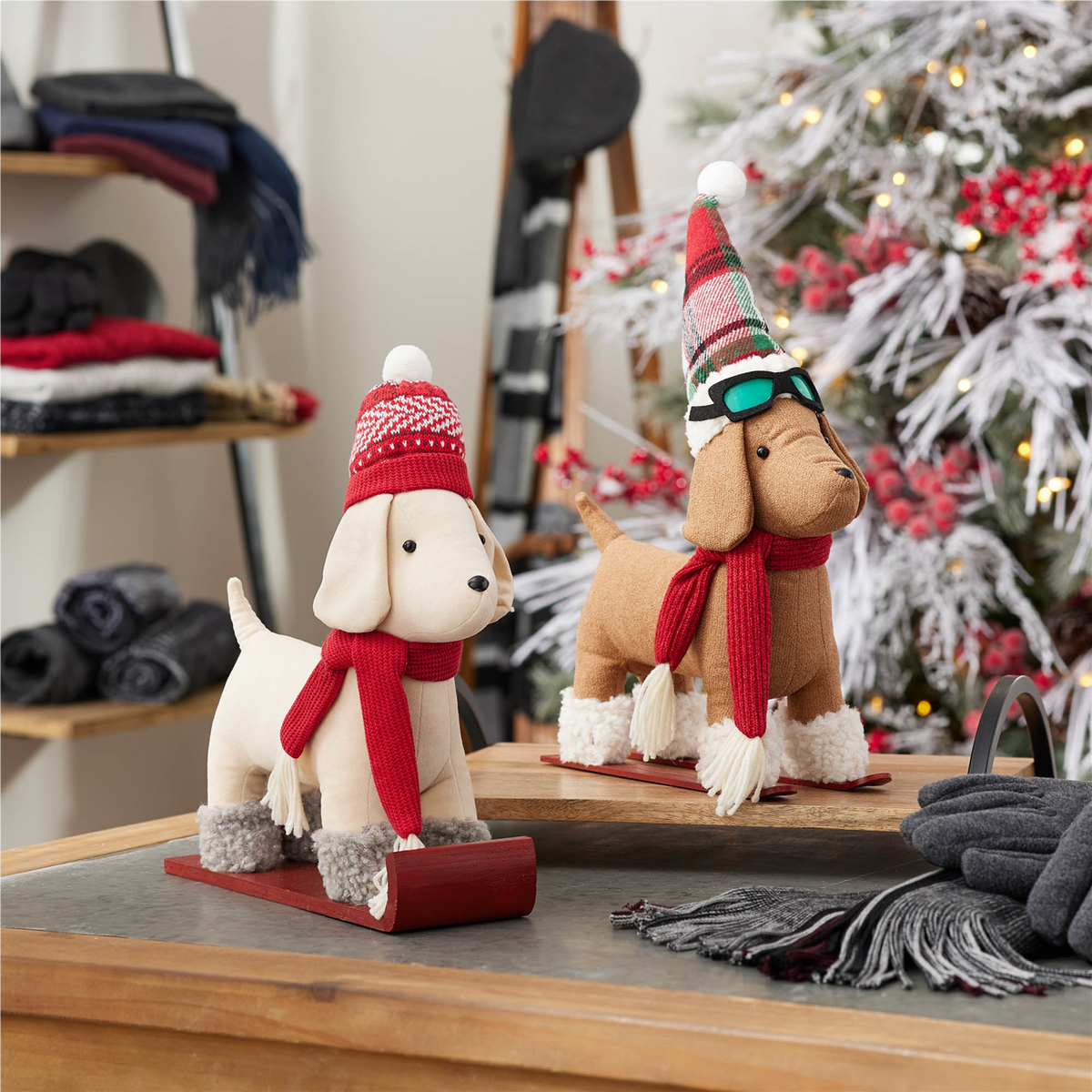 Plush Dog Character on Sled and Skis (Set of 2)