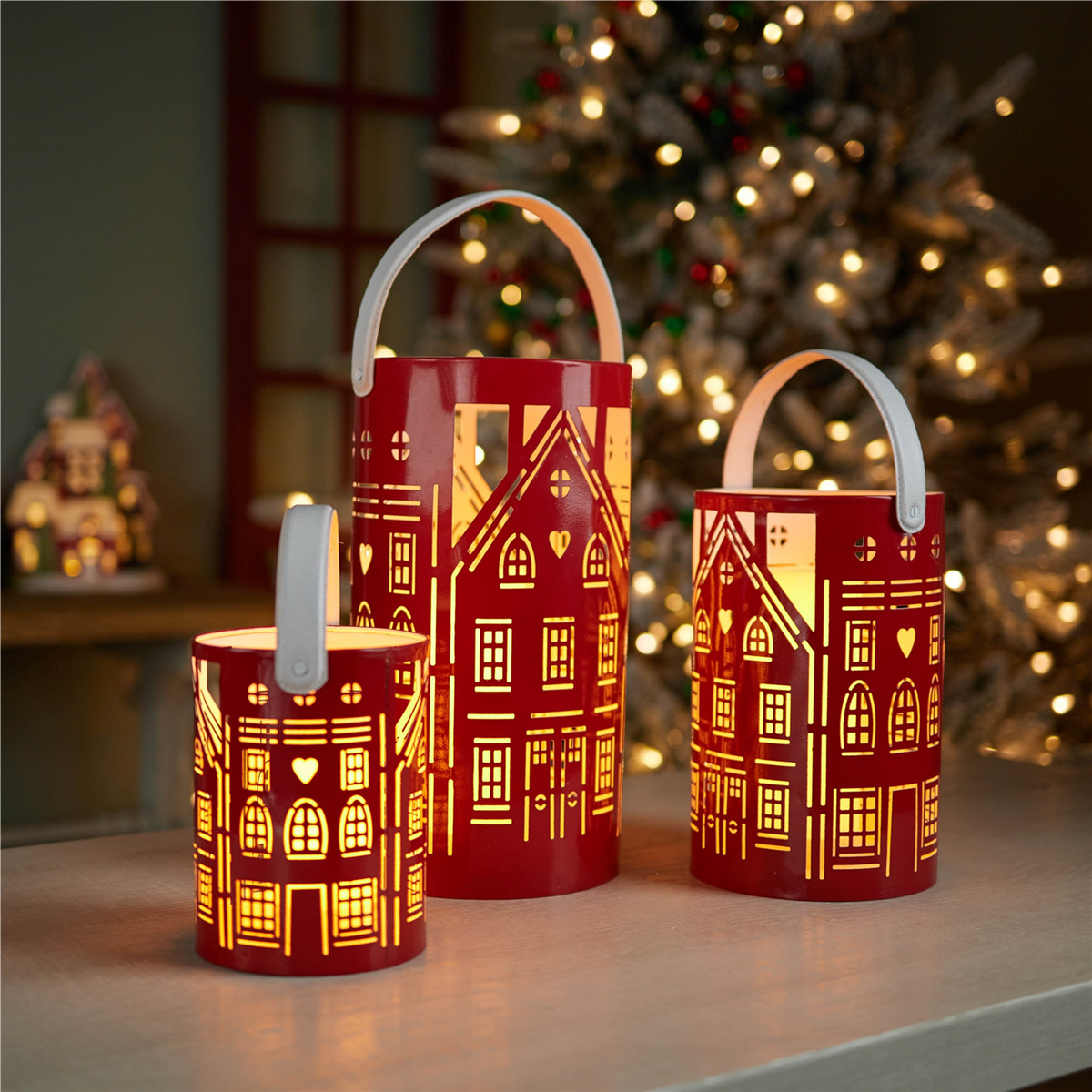 Punched Metal House Lantern (Set of 3)
