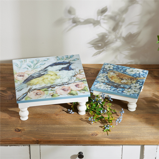 Wooden Floral Bird Pedestal Tray (Set of 2) -Ship Only