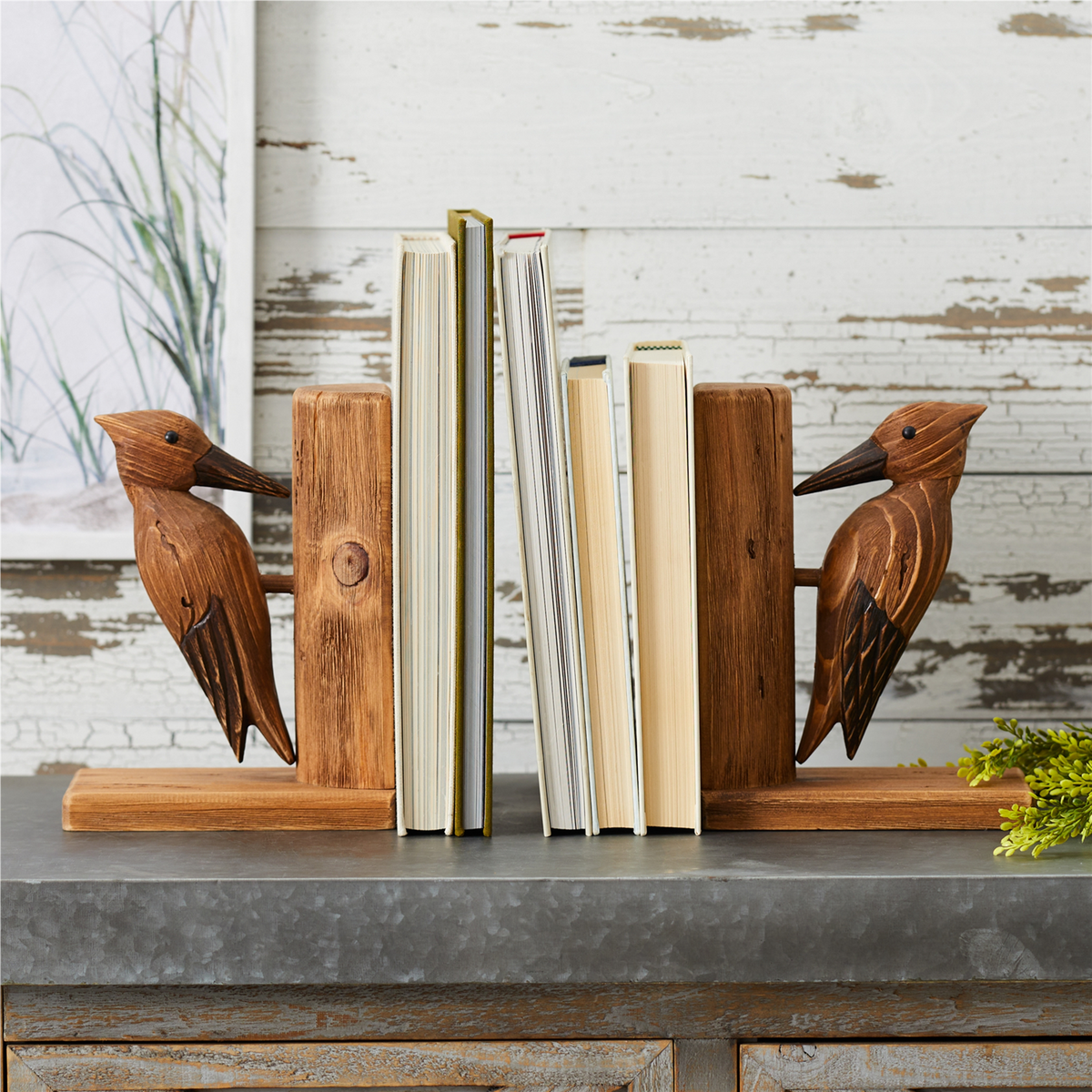 Pine Wood Woodpecker Bird Bookend (Set of 2) -Ship Only