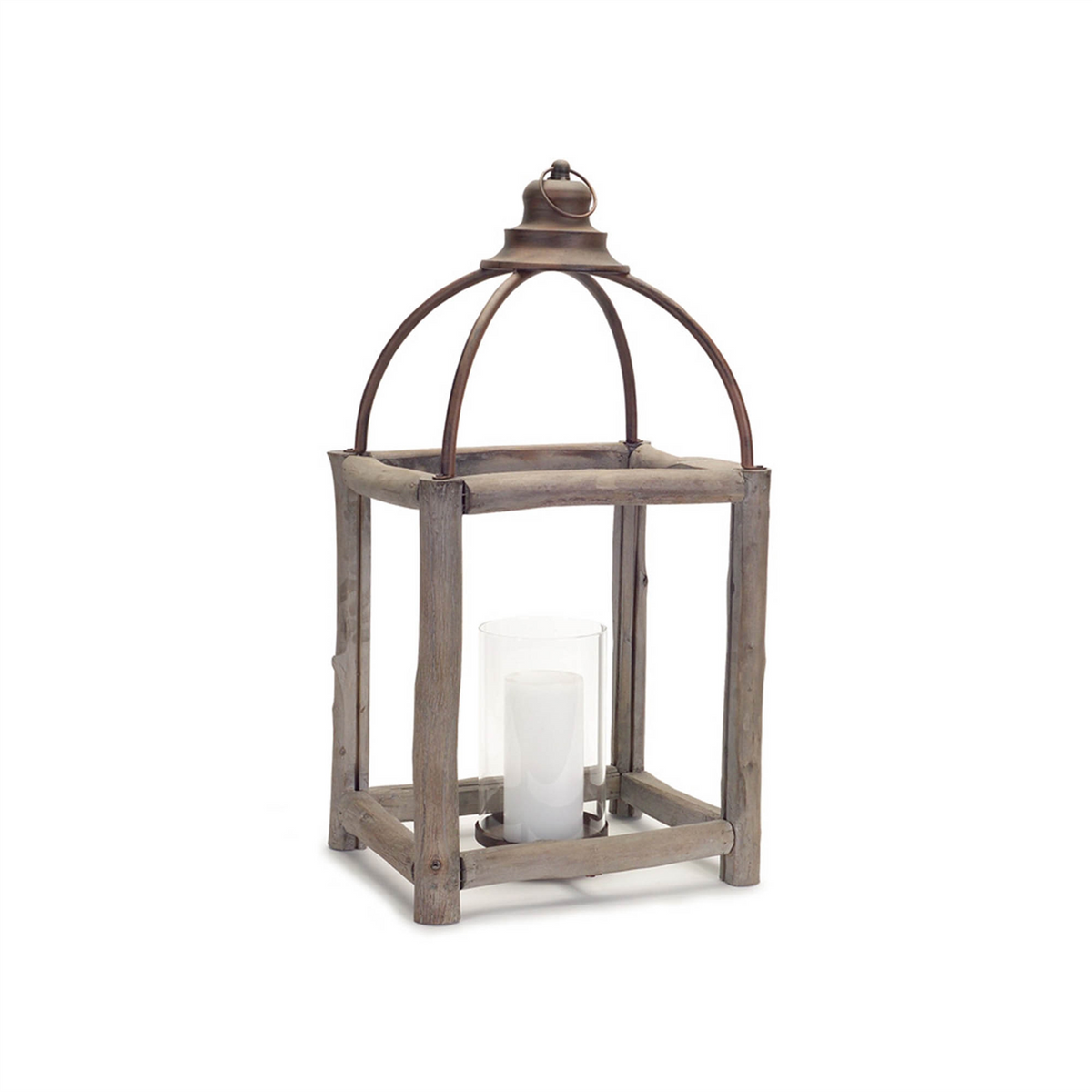 Rustic Wood Log and Antique Metal Lantern with Glass Hurricane (Set of 2) -Ship Only