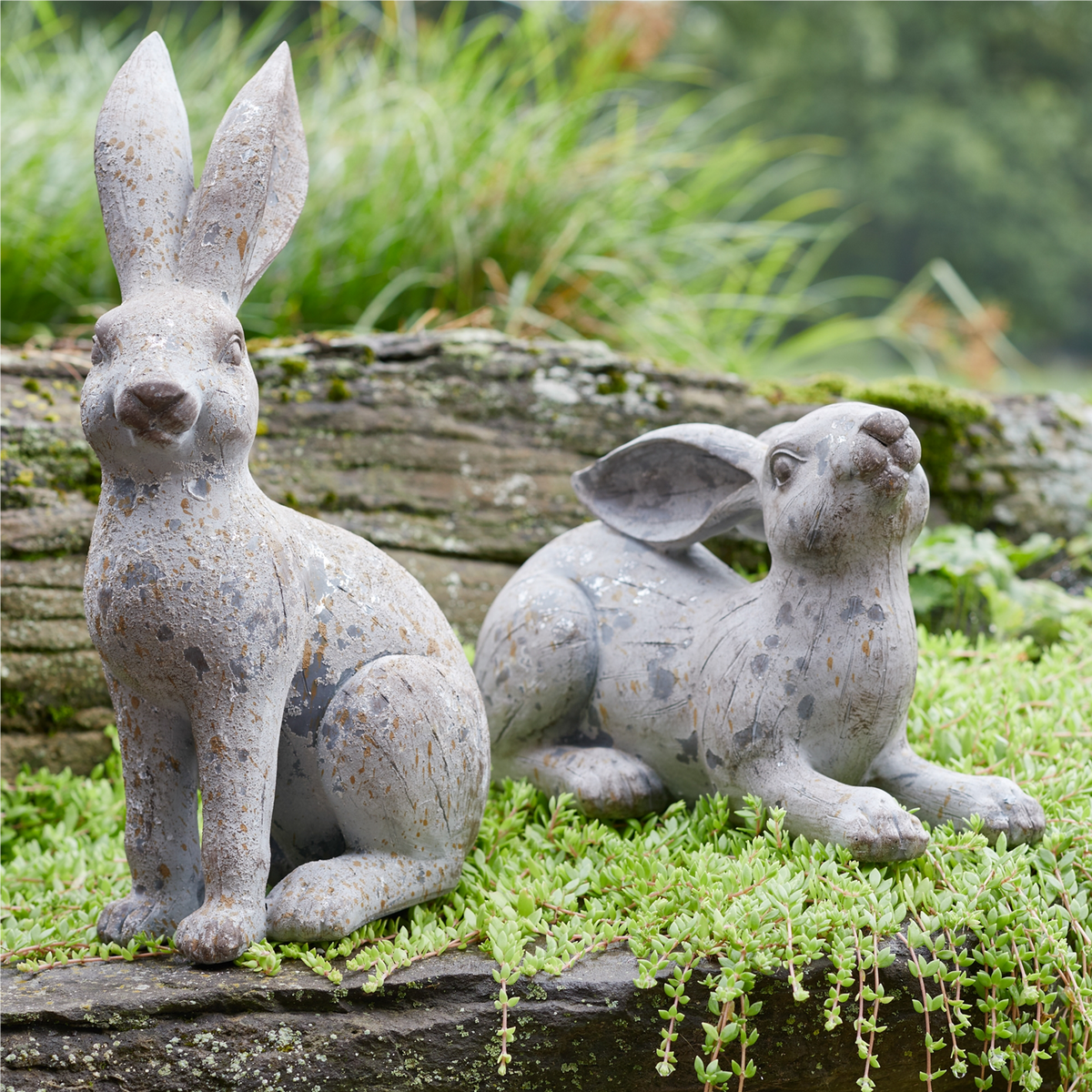 Weathered Stone Garden Rabbit Figurine (Set of 2) -Ship Only