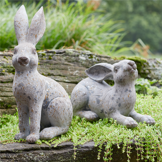 Weathered Stone Garden Rabbit Figurine (Set of 2) -Ship Only