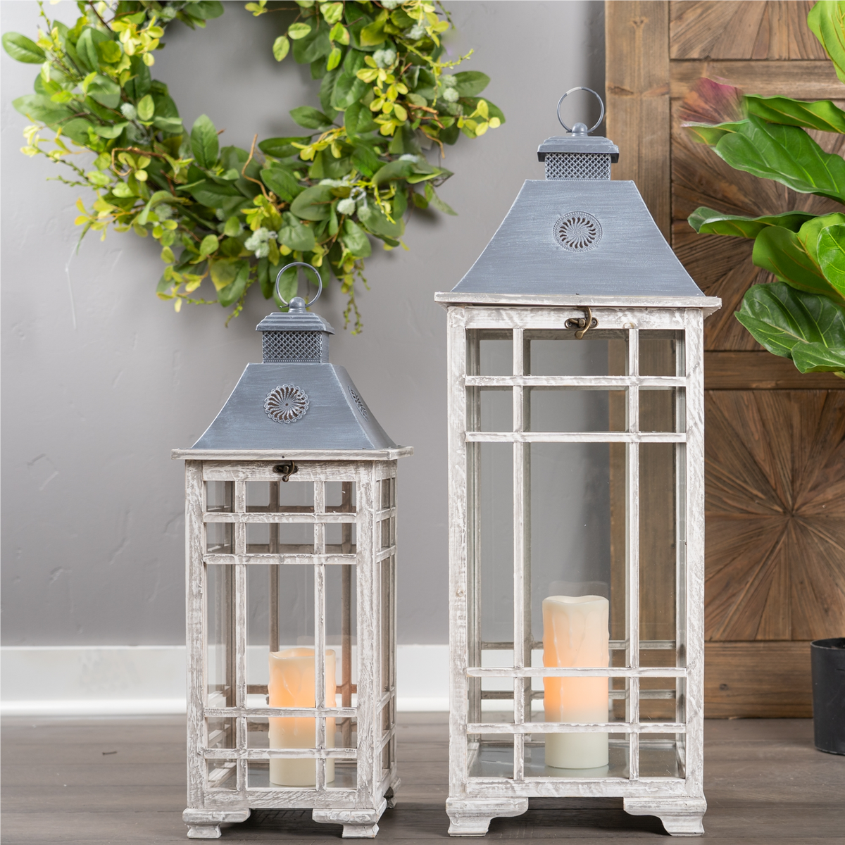 Traditional Farmhouse Lantern with Metal Lid (Set of 2) -Ship Only