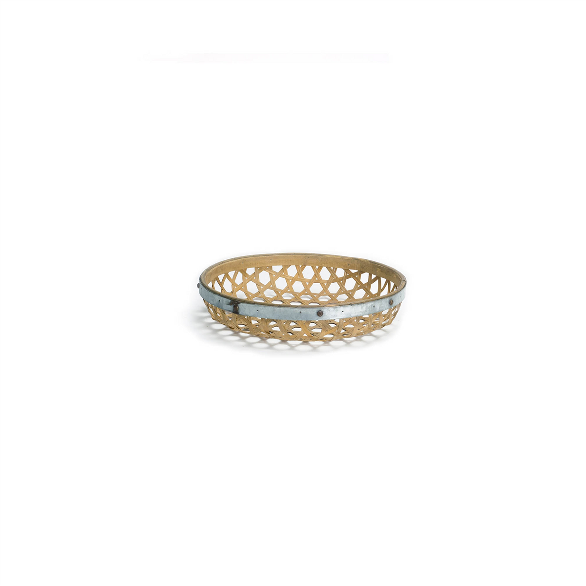 Round Woven Bamboo Tray with Galvanized Metal Accent (Set of 3) -Ship Only