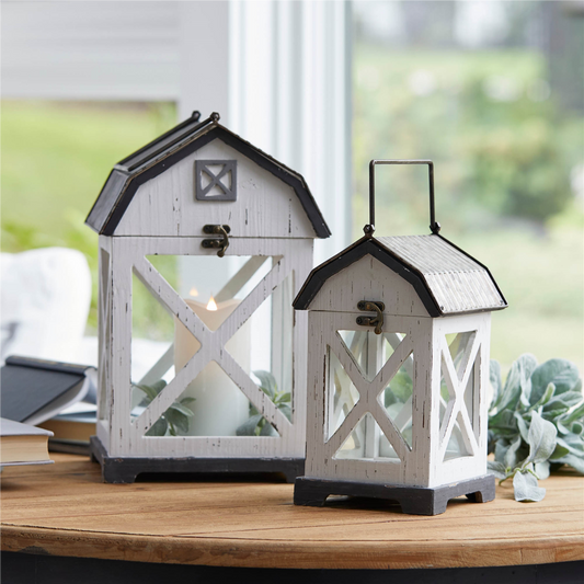 Distressed White Wood Barn Style Lantern (Set of 2) -Ship Only