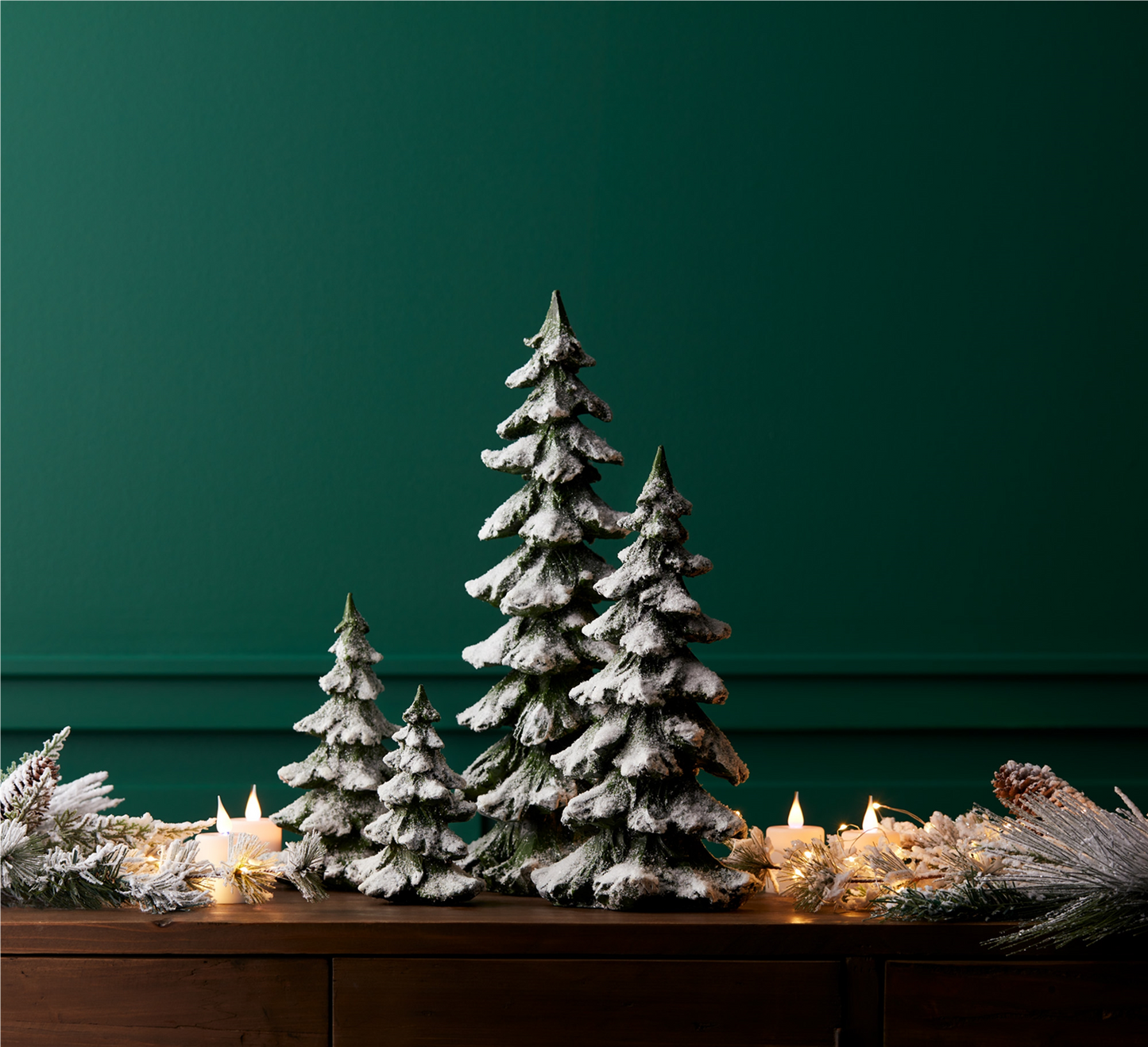 Green Flocked Pine Tree Decor (Set of 4) -Ship Only