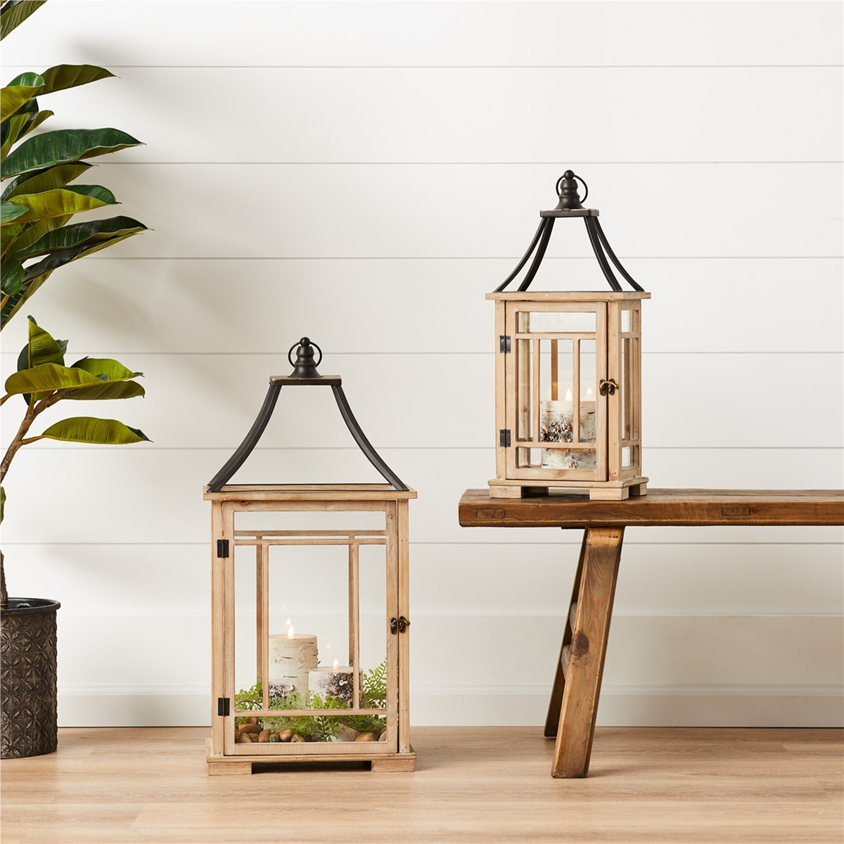 Natural Wood Lantern with Open Metal Lid (Set of 2) -Ship Only