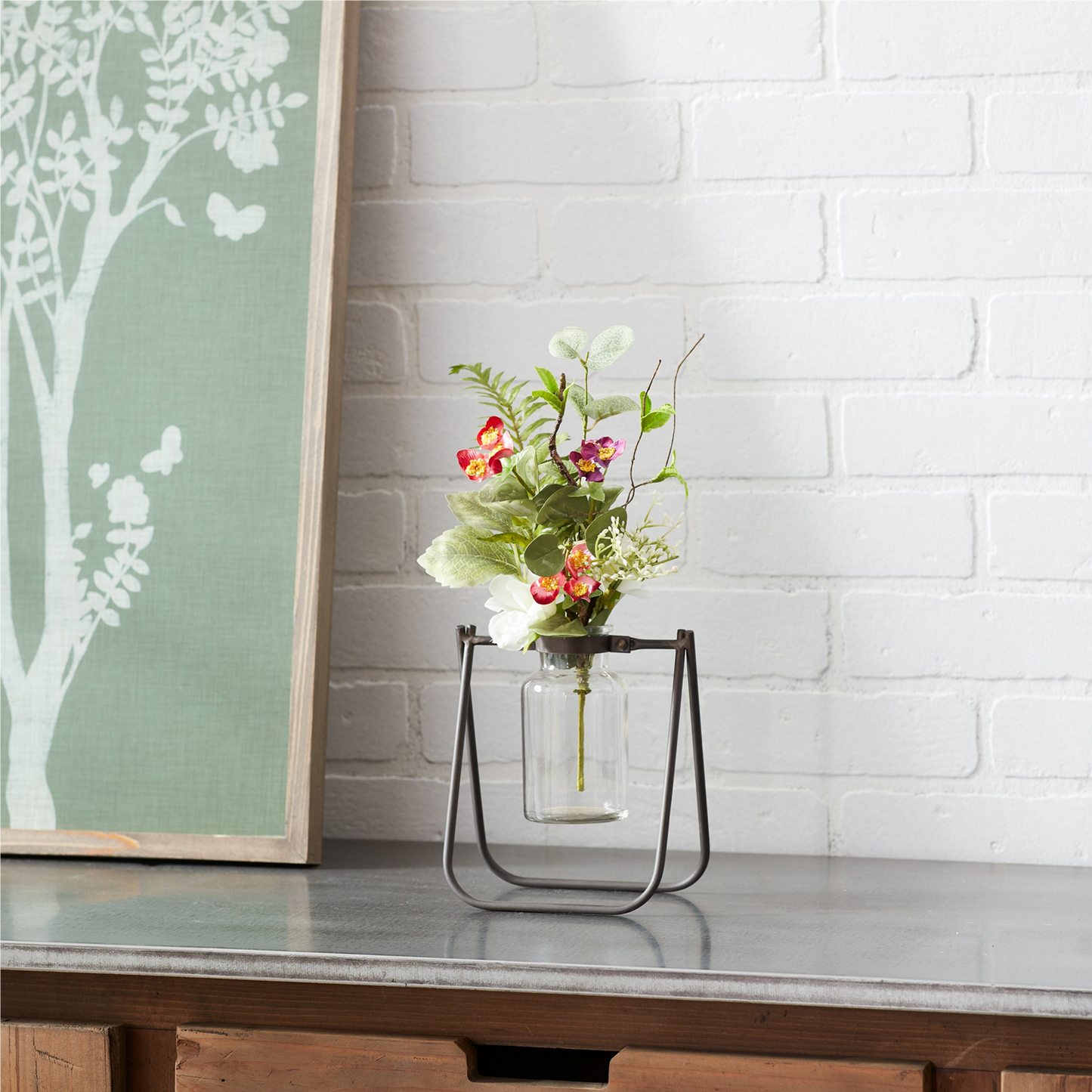 Hanging Glass Jar Vase with Metal Stand (Set of 2) -Ship Only