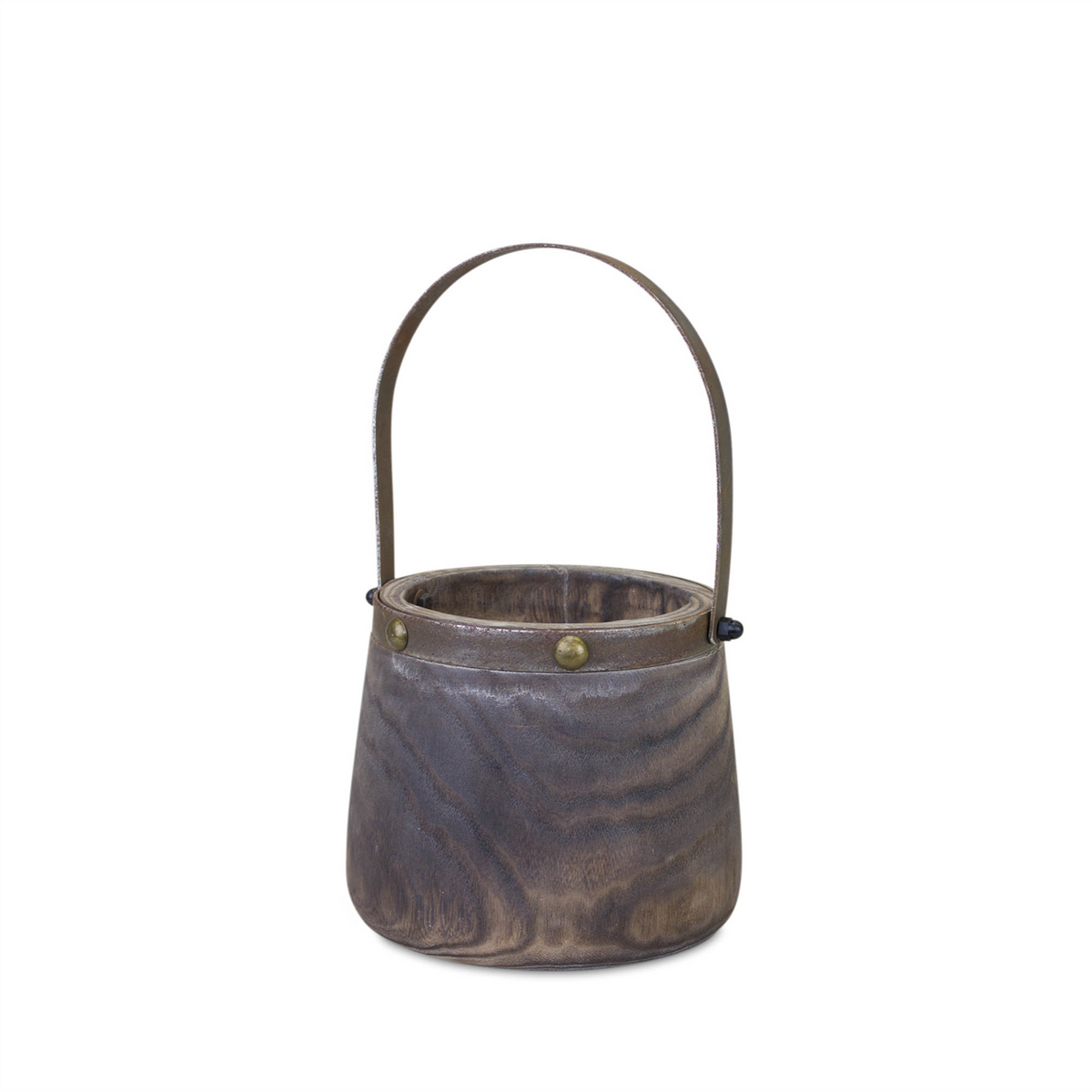 Natural Wooden Pail Planter with Metal Handle Accent (Set of 2) -Ship Only