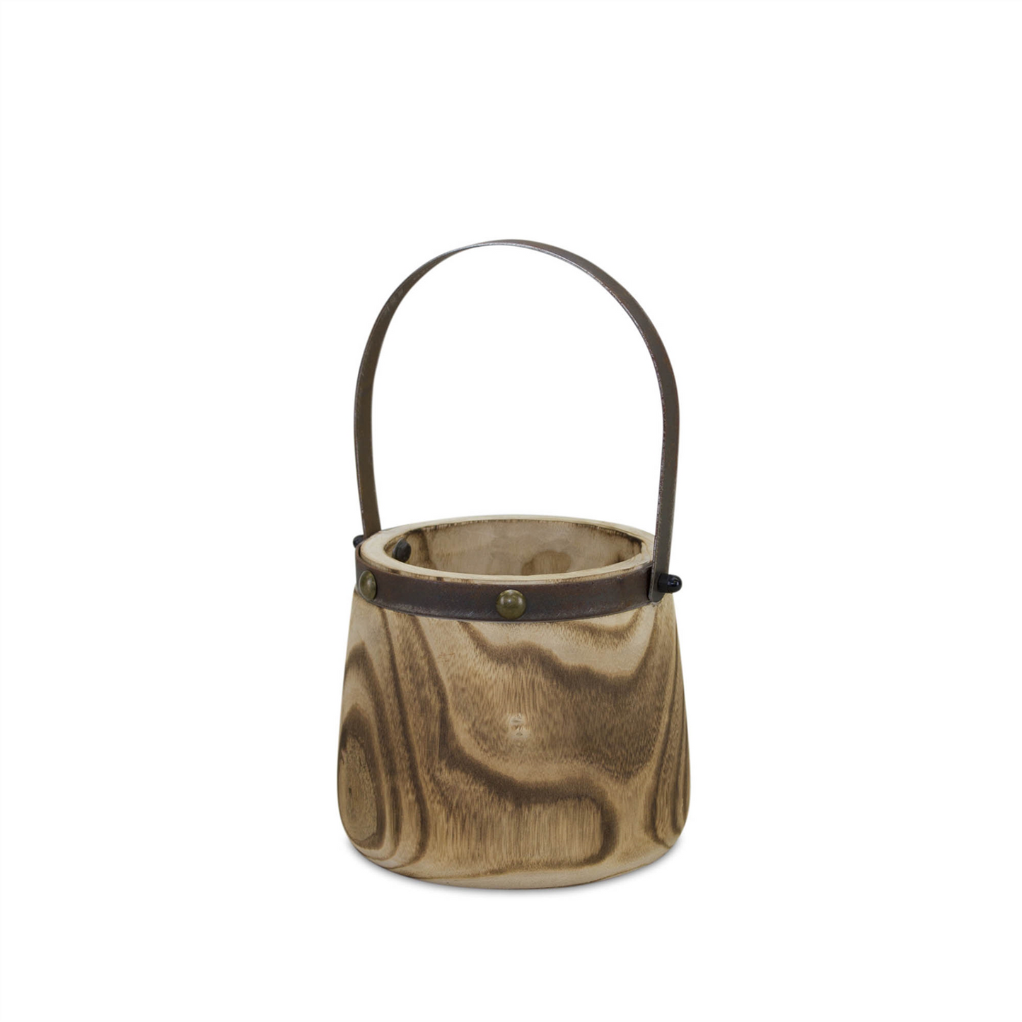 Natural Wooden Pail Planter with Metal Handle Accent (Set of 2) -Ship Only