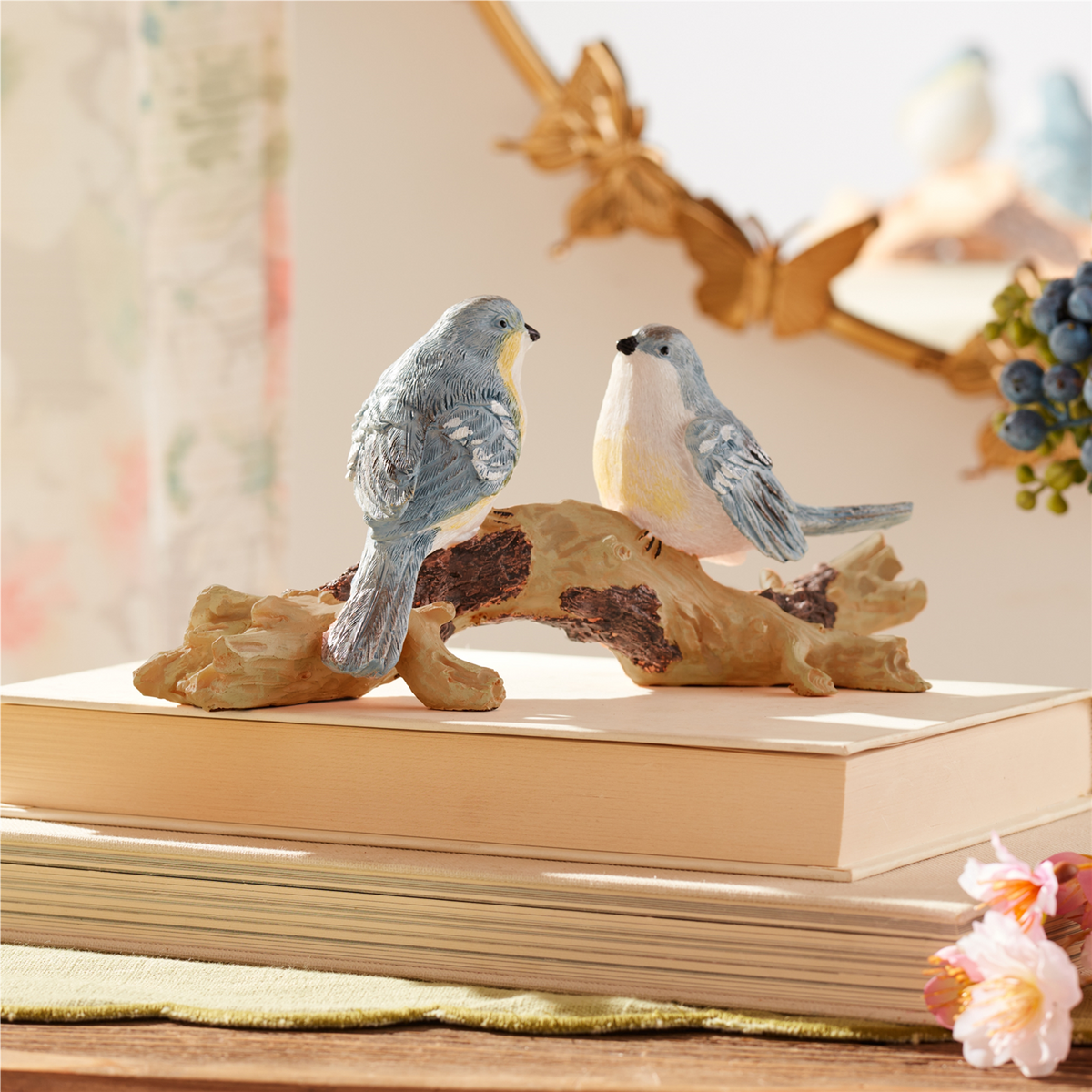 Natural Blue Birds on Branch Figurine 9.5"L -Ship Only