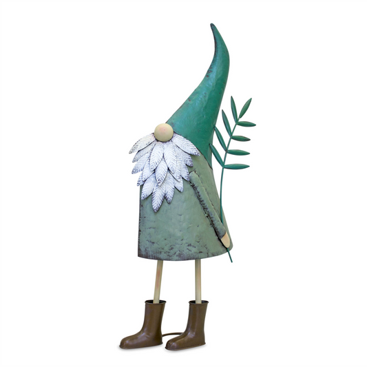 Iron Metal Standing Garden Gnome with Flower (Set of 2) -Ship Only