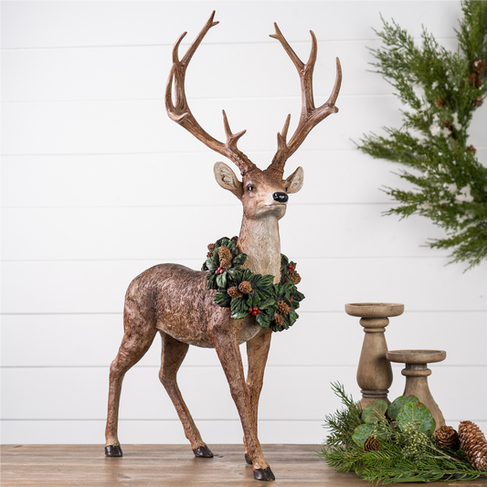 Holiday Standing Deer Figurine with Wreath Accent (Set of 2) -Ship Only