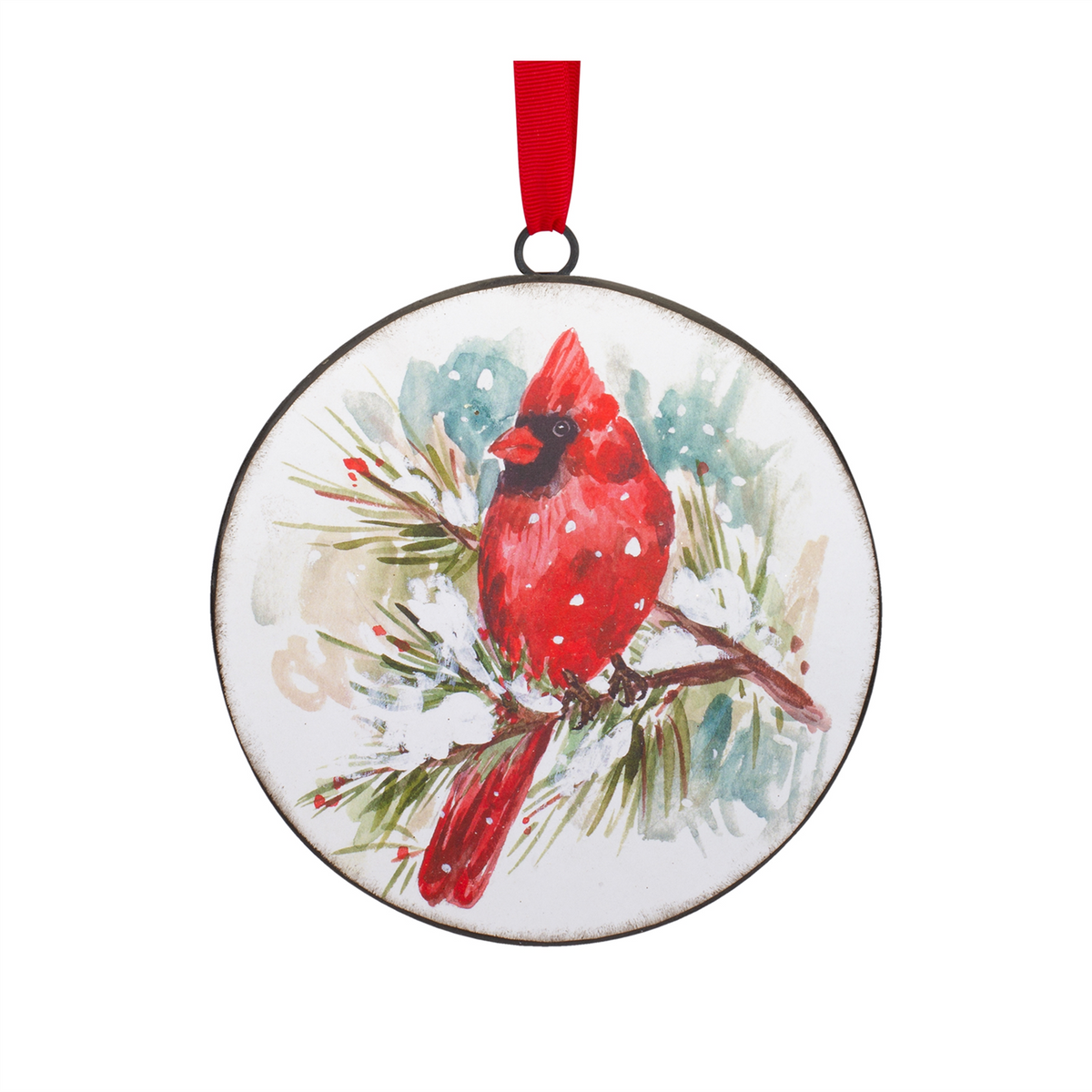 Winter Cardinal and Pine Branch Disc Ornament (Set of 12) -Ship Only