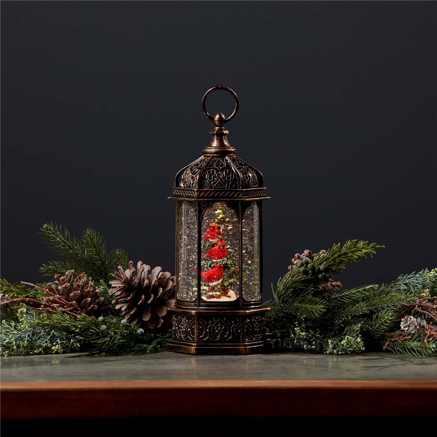 LED Snow Globe Lantern with Cardinal Bird Branch 13"H -Ship Only