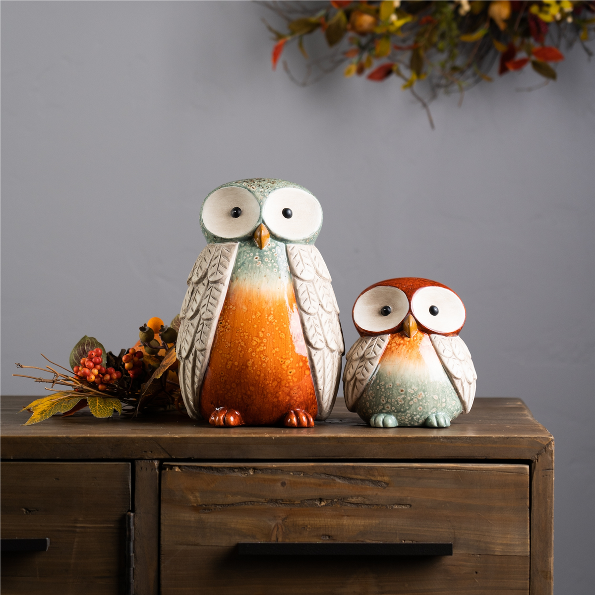 Terra Cotta Owl Figurine with Glazed Accents (Set of 2) -Ship Only