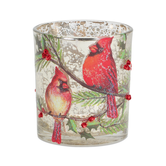 Mercury Glass Votive Candle Holder with Bird and Berry Branch (Set of 6) -Ship Only