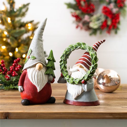 Holiday Gnome Figurine with Pine Tree and Wreath Accent (Set of 2) -Ship Only