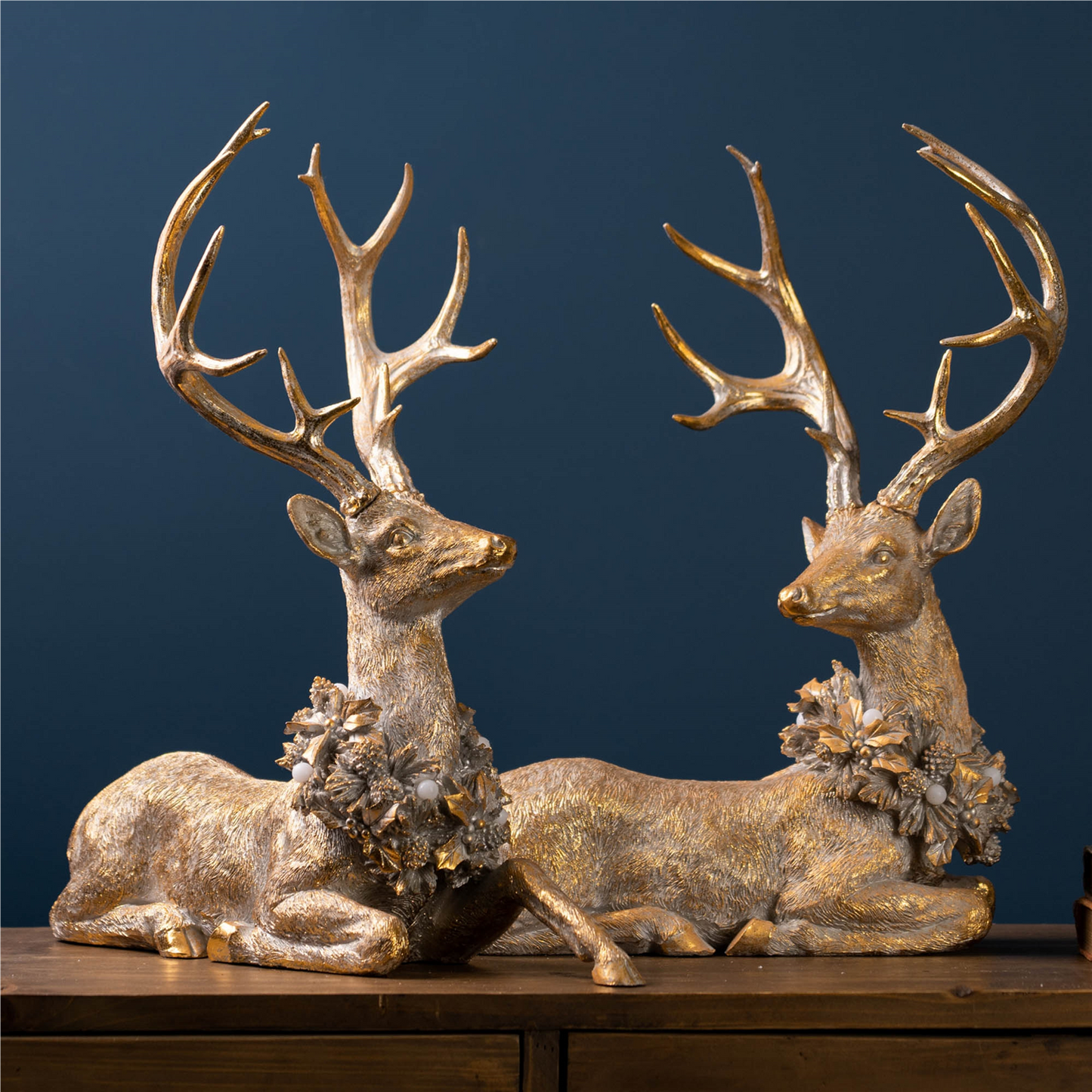 Holiday Deer Figurine with Lighted Wreath and Gold Finish (Set of 2) -Ship Only