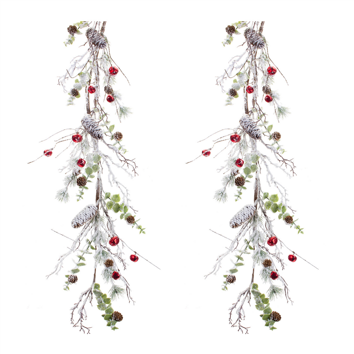 Snowy Flocked Twig Pine Garland with Sleigh Bells (Set of 2) -Ship Only