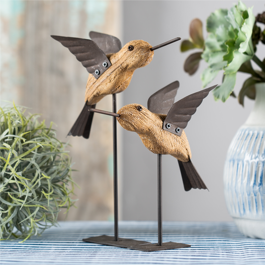 Natural Fir Wood Bird Figurine with Rustic Metal Accents (Set of 2) -Ship Only