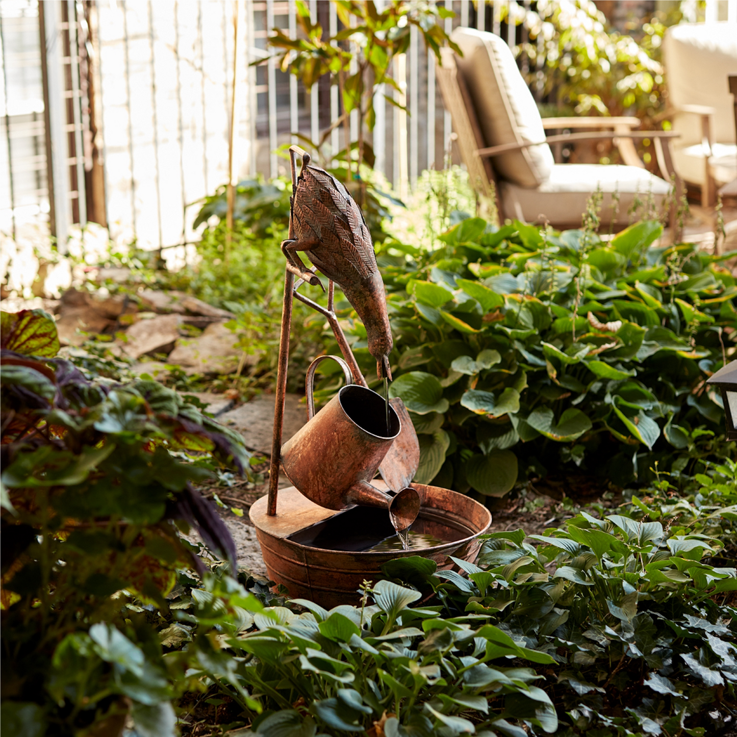 Rustic Metal Fountain with Duck and Watering Can 33"H -Ship Only