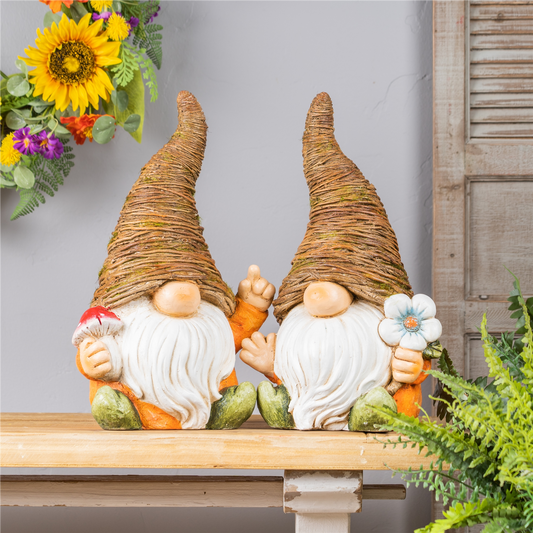 Distressed Garden Gnome Statue with Mushroom and Flower Accent (Set of 2) -Ship Only