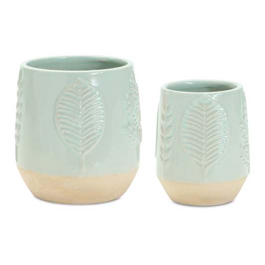 Two-Tone Porcealin Planter with Leaf Design (Set of 2) -Ship Only