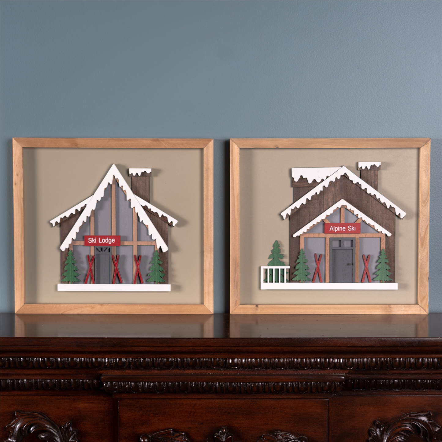 Framed Ski Lodge Wall Art (Set of 4) -Ship Only