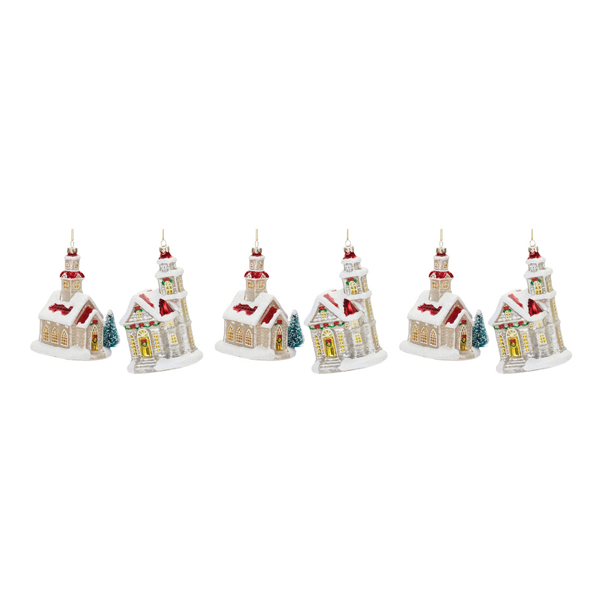 Church Ornament (Set of 6) 5.75"H, 6.25"H Glass -Ship Only