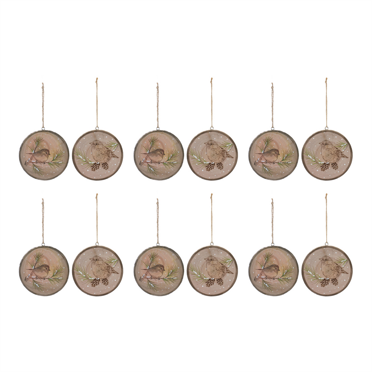 Bird Disc Ornament (Set of 12) 4”H Wood -Ship Only