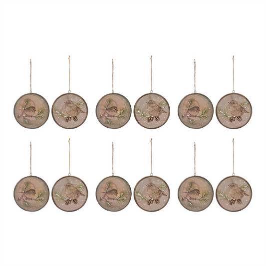 Bird Disc Ornament (Set of 12) 4”H Wood -Ship Only