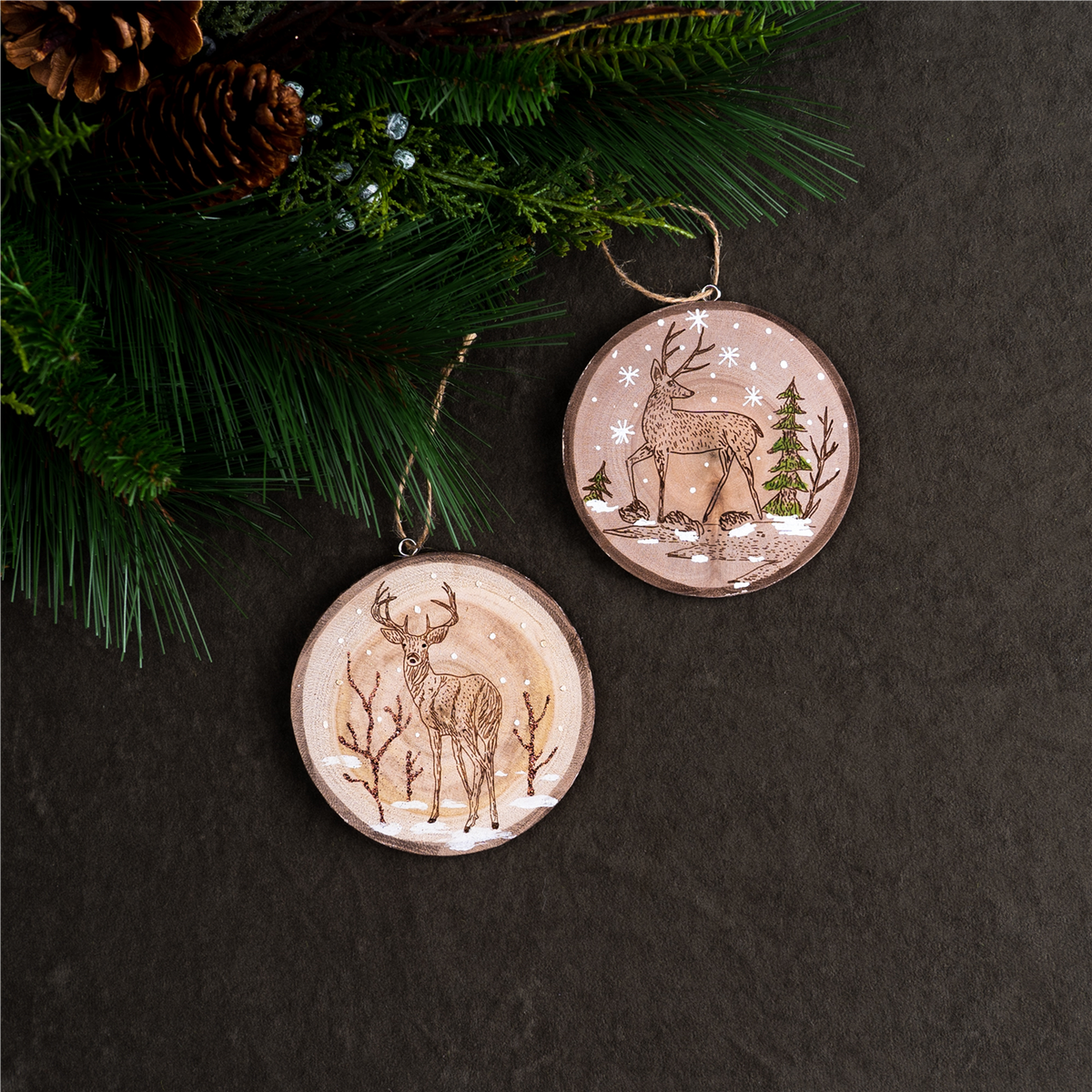 Deer Disc Ornament (Set of 12) 4”H Wood -Ship Only
