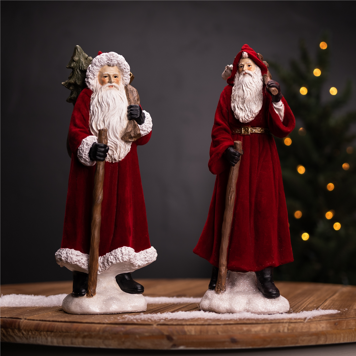 Flocked Santa Figurine with Hood and Staff (Set of 2) -Ship Only
