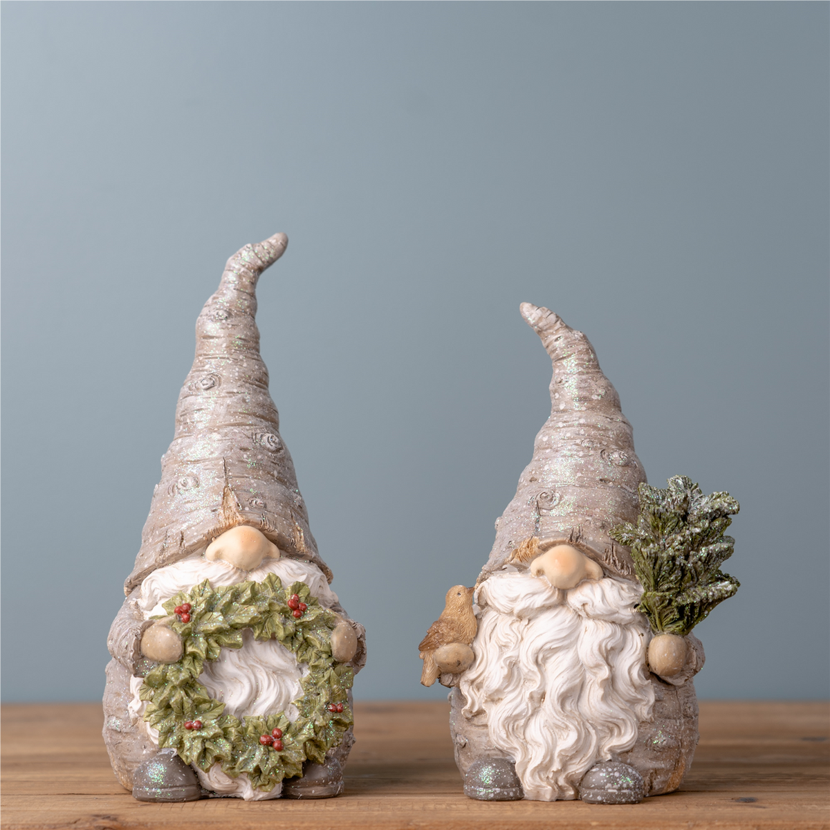 Gnome w/Wreath and Tree (Set of 2) 8.5"H, 9.75"H Resin -Ship Only