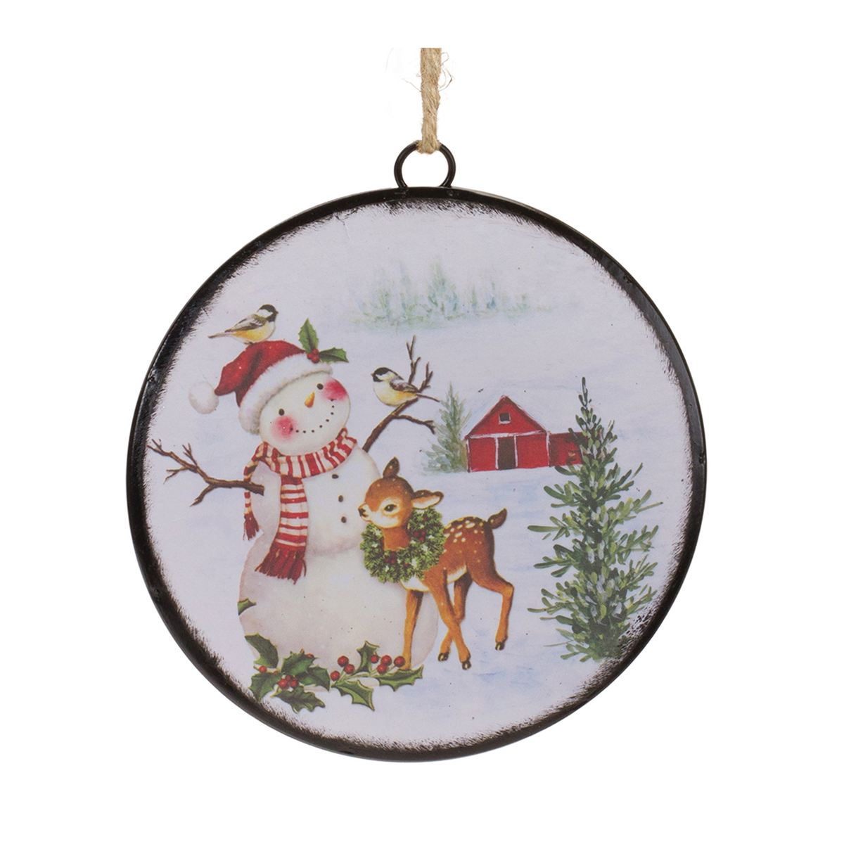 Snowman Disc Ornament (Set of 12) 6.5”H Metal -Ship Only