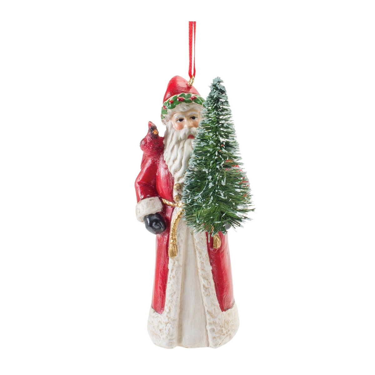 Santa w/Cardinal Ornament (Set of 6) 4.5”H Resin -Ship Only