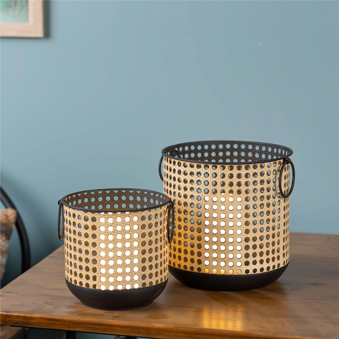 Punched Metal Candle Holder with Rattan Design (Set of 2) -Ship Only