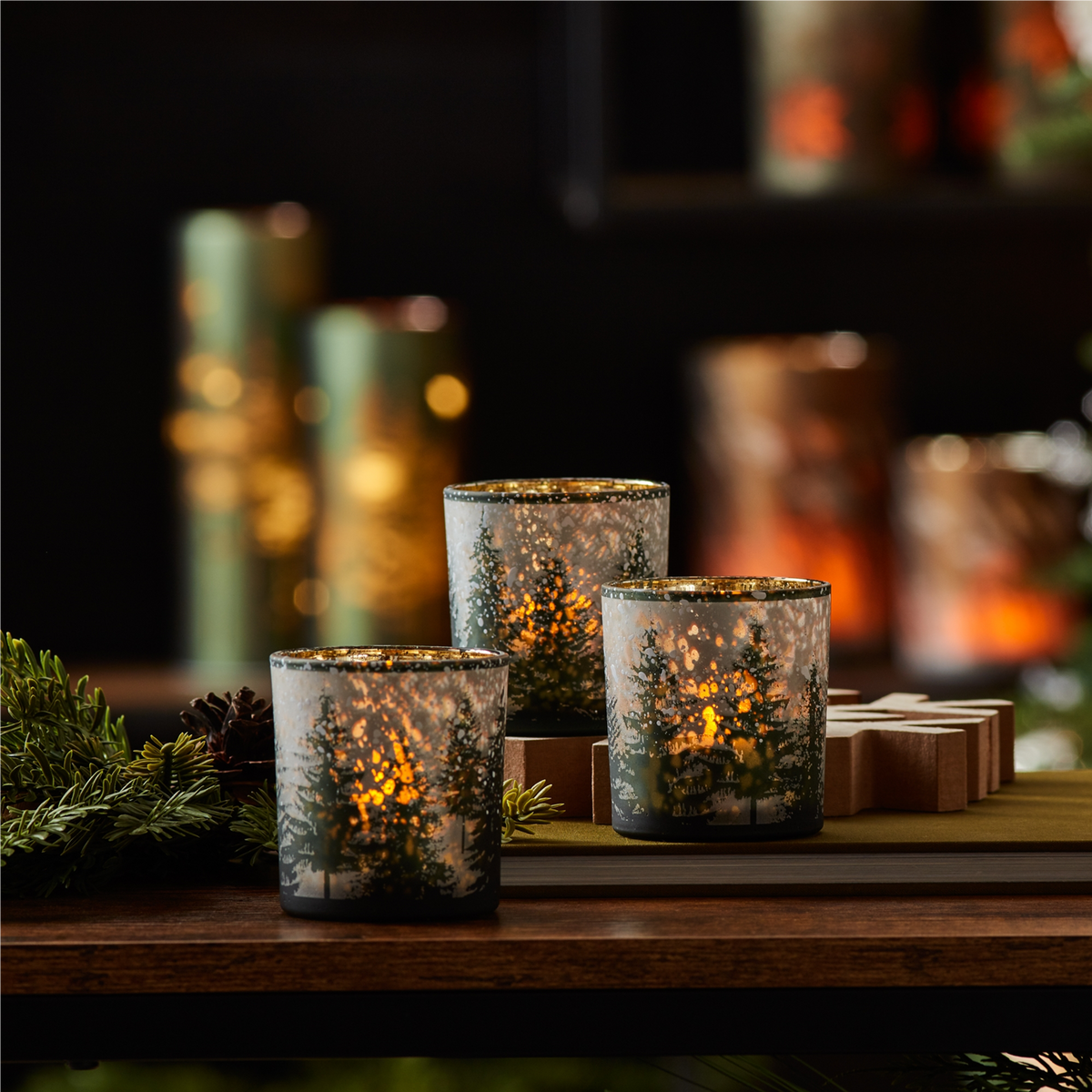 Frosted Pine Mercury Glass Candle Holder (Set of 3) -Ship Only