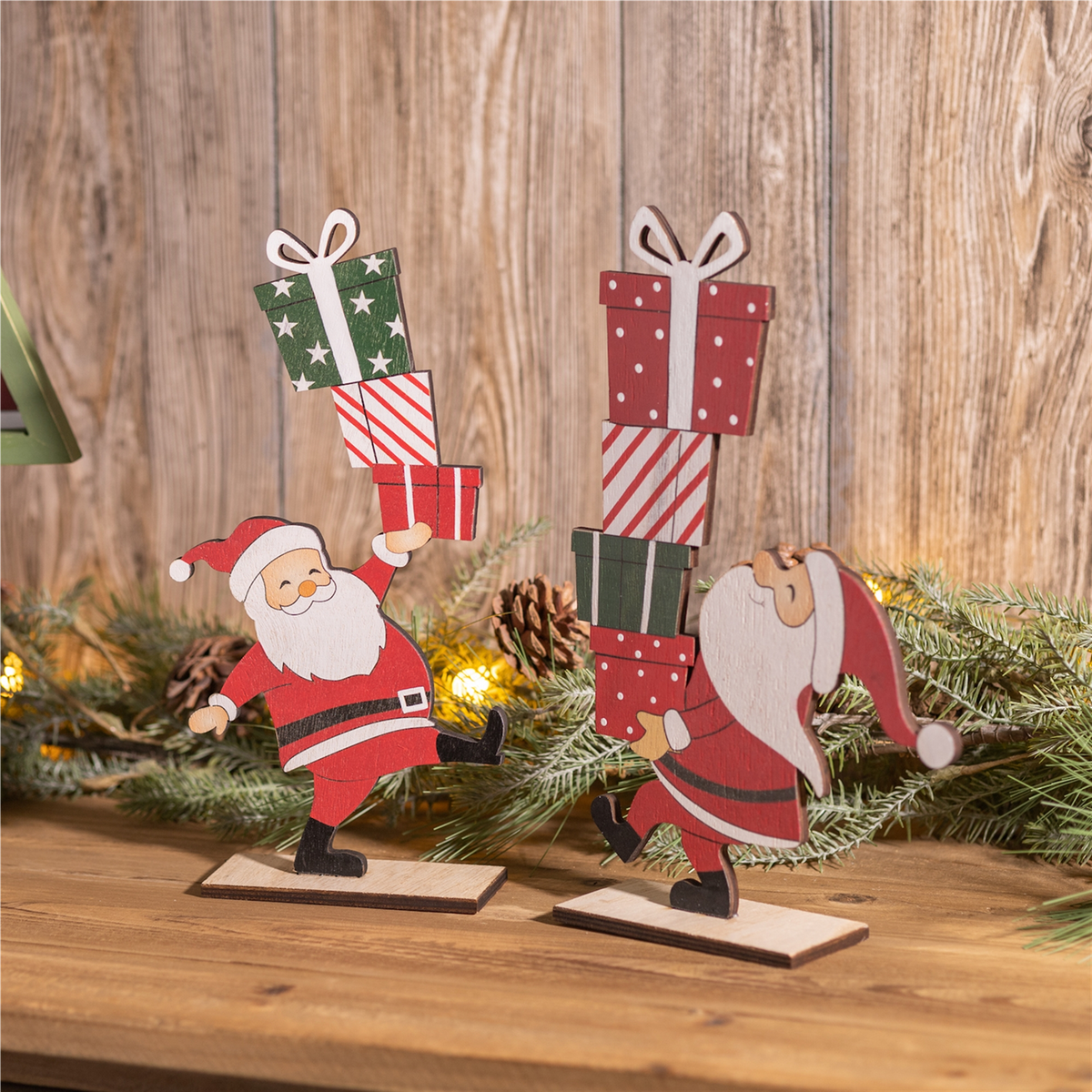 Santa w/Presents (Set of 2) 12”H Wood -Ship Only