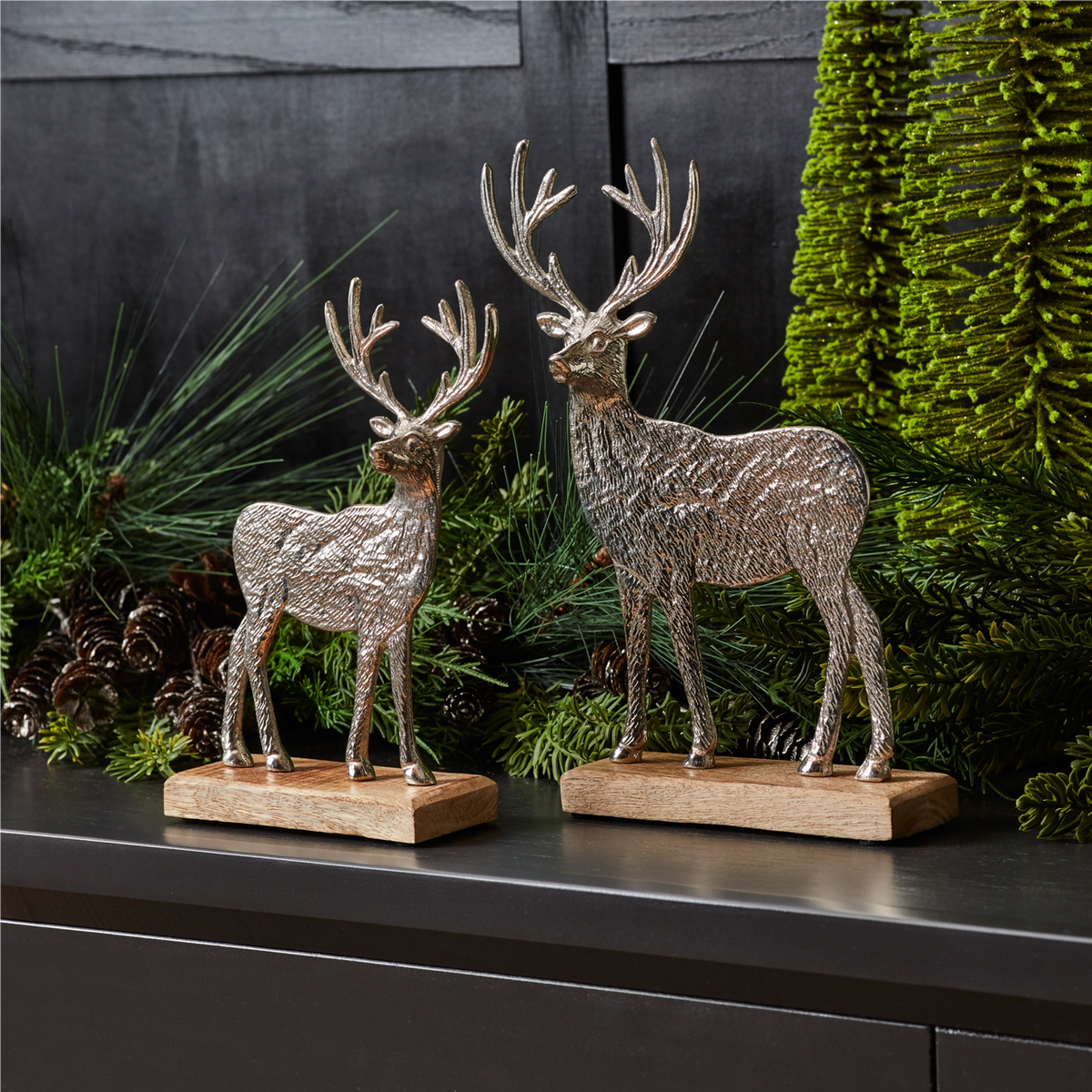 Metal Deer Silhouette with Wood Base (Set of 2) -Ship Only
