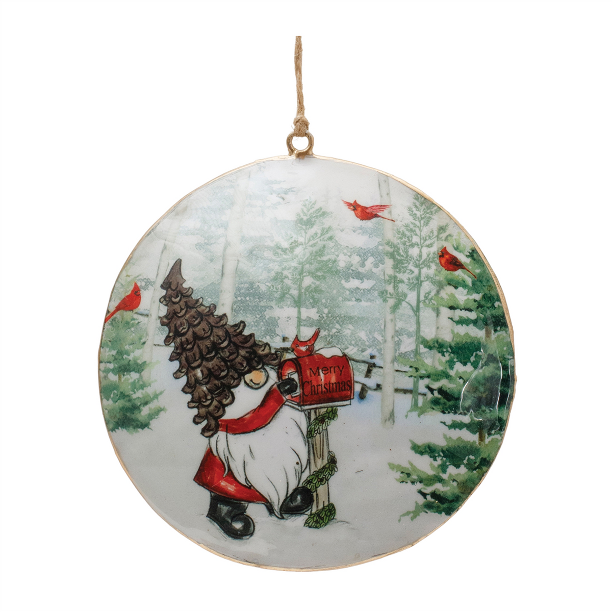 Metal Gnome Cardinal Forest Disc Ornament (Set of 6) -Ship Only