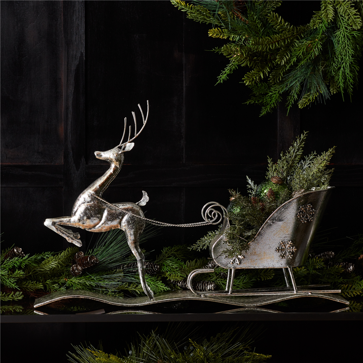 Hammered Metal Reindeer with Sleigh 25.5"L -Ship Only