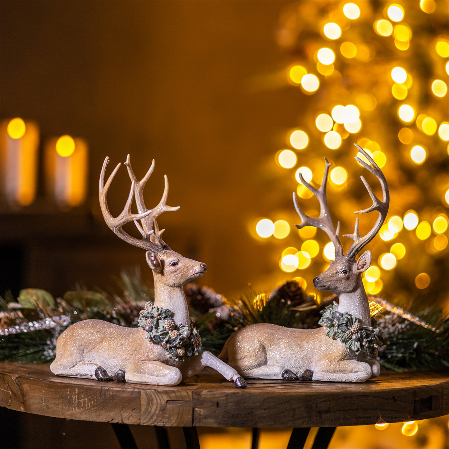 Glittered Deer with Holly Wreath (Set of 2) -Ship Only