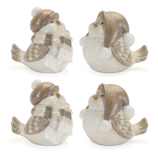 Glittered Winter Bird with Hat (Set of 4) -Ship Only